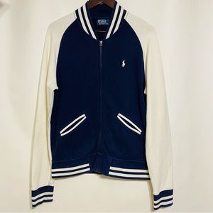 Polo By Ralph Lauren Mens Navy Blue And White Full Zip Up Varsity Jacket  Size M